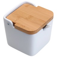 Saleiro 9x9,5x8,5cm De Mesa De Ceramica Com Tampa De Bambu E Colher Bianco